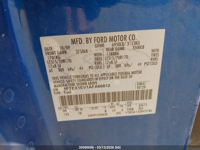 30090098 :رقم المزاد ، 1FTEX1EV1AFA66812 vin ، 2010 Ford F150 Super Cab مزاد بيع