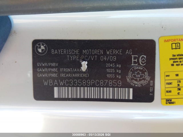 30088963 :رقم المزاد ، WBAWC33589PC87859 vin ، 2009 Bmw 328 Xi مزاد بيع