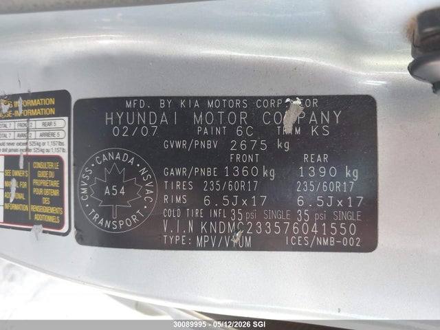 2007 Hyundai Entourage Gls/se/limited მანქანა იყიდება აუქციონზე, vin: KNDMC233576041550, აუქციონის ნომერი: 30089995