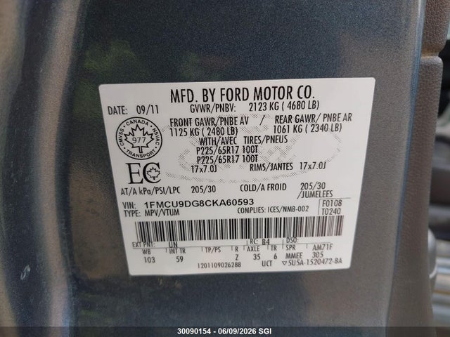 Продажа на аукционе авто 2012 Ford Escape Xlt, vin: 1FMCU9DG8CKA60593, номер лота: 30090154