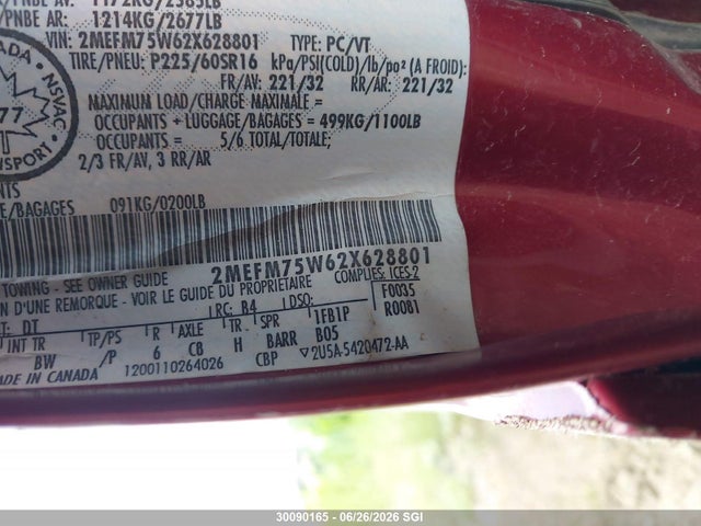 Продаж на аукціоні авто 2002 Mercury Grand Marquis Ls, vin: 2MEFM75W62X628801, номер лоту: 30090165