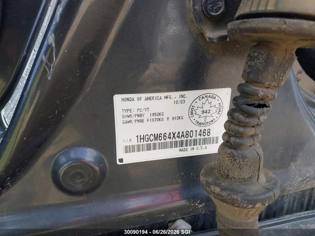 30090194 :رقم المزاد ، 1HGCM664X4A801468 vin ، 2004 Honda Accord Ex مزاد بيع