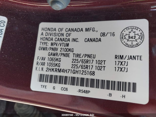 Aukcja sprzedaży 2016 Honda Cr-v Exl, vin: 2HKRM4H71GH125168, numer aukcji: 30089160