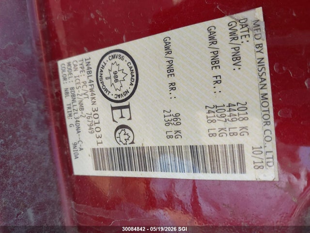 30084842 :رقم المزاد ، 1N4BL4FW4KN301031 vin ، 2019 Nissan Altima 2.5 Edition One/2.5 Platinum مزاد بيع