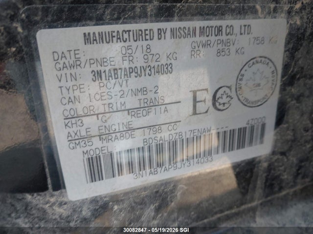 3N1AB7AP9JY314033 Nissan Sentra S/sv/sr/sl