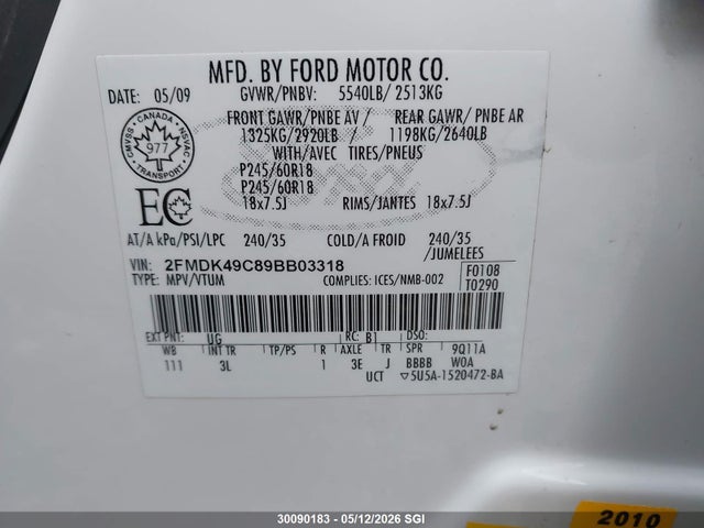 Продажа на аукционе авто 2009 Ford Edge Limited, vin: 2FMDK49C89BB03318, номер лота: 30090183