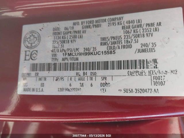 Продаж на аукціоні авто 2019 Ford Escape Sel, vin: 1FMCU9H99KUC15585, номер лоту: 30077944