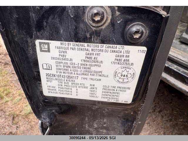 2003 Chevrolet Silverado K1500 მანქანა იყიდება აუქციონზე, vin: 2GCEK19T431204117, აუქციონის ნომერი: 30090244