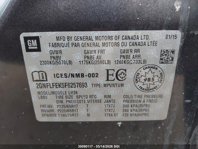 Продаж на аукціоні авто 2015 Chevrolet Equinox Lt, vin: 2GNFLFEK5F6257693, номер лоту: 30090117