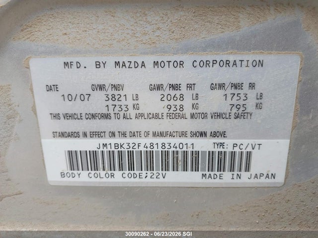 30090262 :رقم المزاد ، JM1BK32F481834011 vin ، 2008 Mazda 3 I مزاد بيع