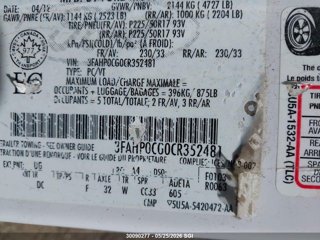 Продаж на аукціоні авто 2012 Ford Fusion Sel, vin: 3FAHP0CG0CR352481, номер лоту: 30090277