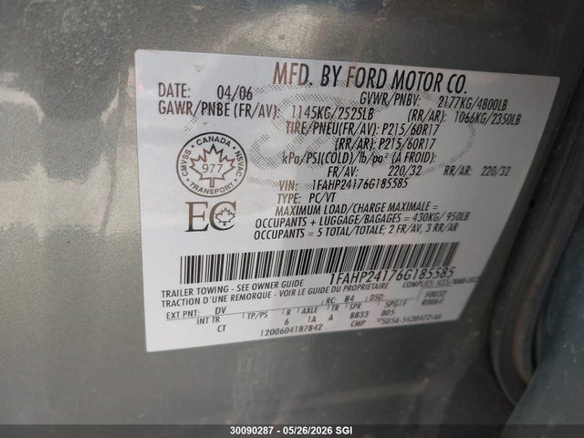 Продажа на аукционе авто 2006 Ford Five Hundred Sel, vin: 1FAHP24176G185585, номер лота: 30090287