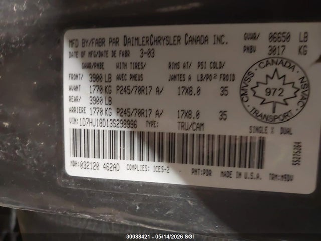 2003 Dodge Ram 1500 St/slt მანქანა იყიდება აუქციონზე, vin: 1D7HU18D13S298996, აუქციონის ნომერი: 30088421
