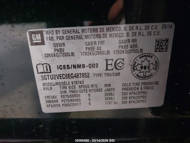 30089480 :رقم المزاد ، 3GTU2VEC8EG487852 vin ، 2014 Gmc Sierra K1500 Slt مزاد بيع