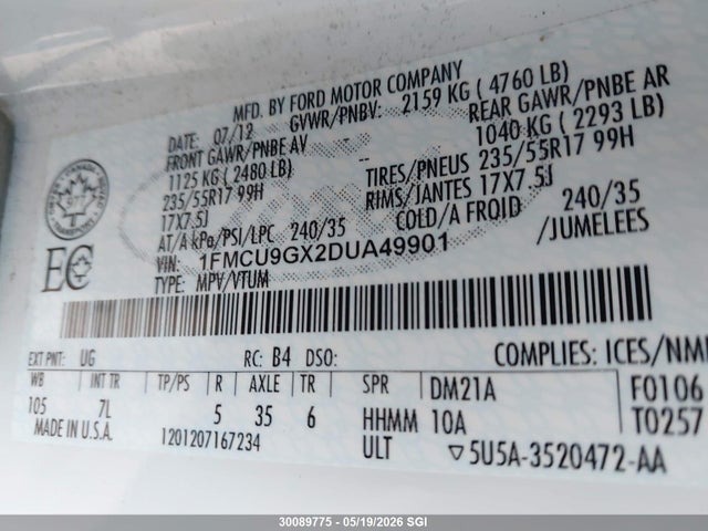 Aukcja sprzedaży 2013 Ford Escape Se, vin: 1FMCU9GX2DUA49901, numer aukcji: 30089775