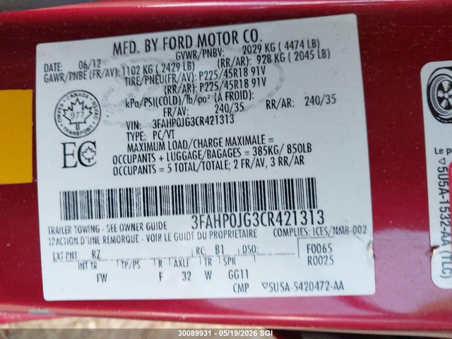 2012 Ford Fusion Sel მანქანა იყიდება აუქციონზე, vin: 3FAHP0JG3CR421313, აუქციონის ნომერი: 30089931