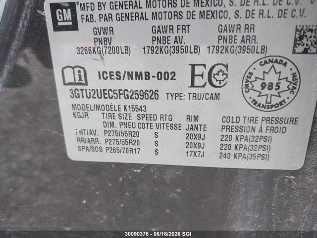 30090376 :رقم المزاد ، 3GTU2UEC5FG259626 vin ، 2015 Gmc Sierra K1500 Sle مزاد بيع