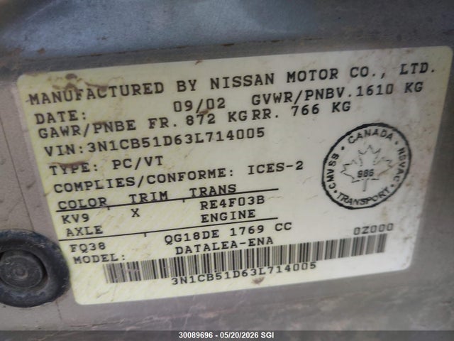 Aukcja sprzedaży 2003 Nissan Sentra Xe/gxe, vin: 3N1CB51D63L714005, numer aukcji: 30089696