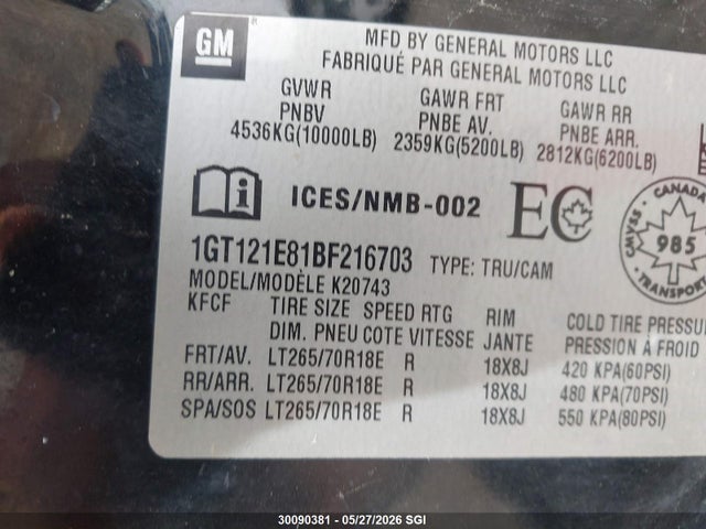 Aukcja sprzedaży 2011 Gmc Sierra K2500 Slt, vin: 1GT121E81BF216703, numer aukcji: 30090381