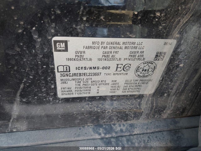 Aukcja sprzedaży 2014 Chevrolet Trax 2lt, vin: 3GNCJREB2EL223697, numer aukcji: 30088968