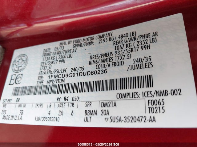 30088513 :رقم المزاد ، 1FMCU9G91DUD60236 vin ، 2013 Ford Escape Se مزاد بيع