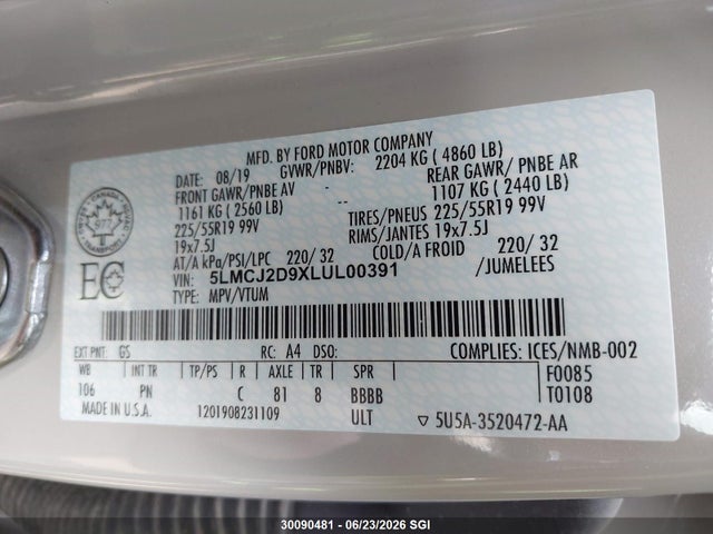 Продажа на аукционе авто 2020 Lincoln Corsair Reserve, vin: 5LMCJ2D9XLUL00391, номер лота: 30090481