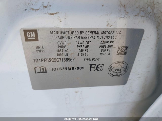 30086719 :رقم المزاد ، 1G1PF5SC5C7156962 vin ، 2012 Chevrolet Cruze Lt مزاد بيع