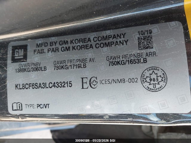 Aukcja sprzedaży 2020 Chevrolet Spark 2lt, vin: KL8CF6SA3LC433215, numer aukcji: 30090526