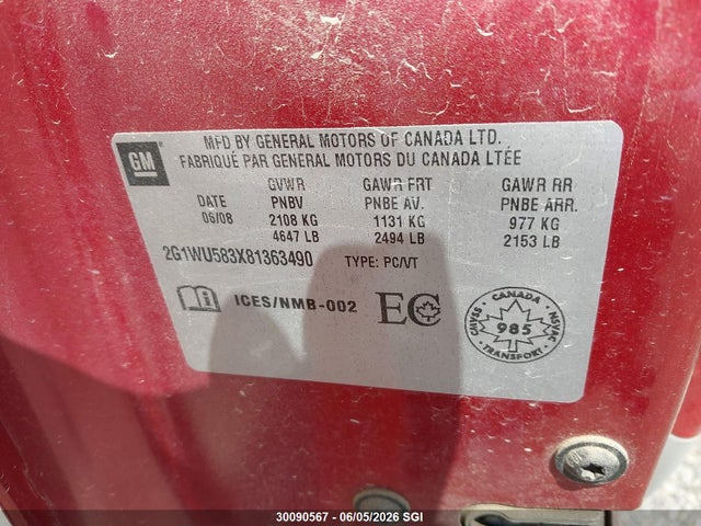 Продаж на аукціоні авто 2008 Chevrolet Impala Ltz, vin: 2G1WU583X81363490, номер лоту: 30090567