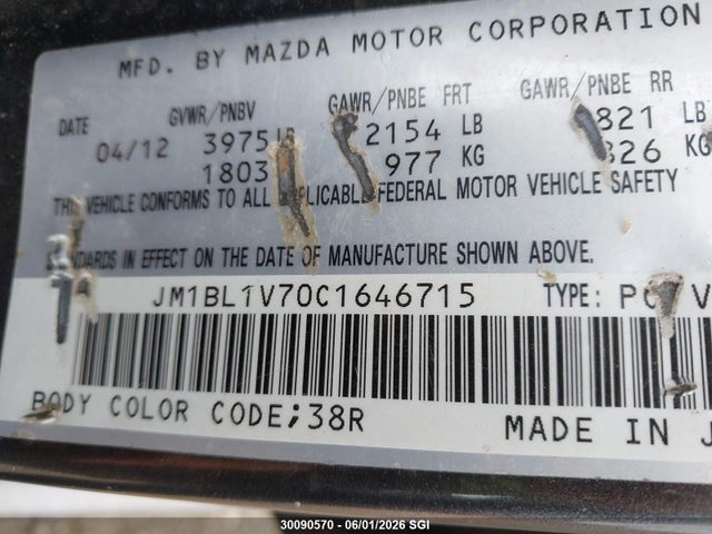 30090570 :رقم المزاد ، JM1BL1V70C1646715 vin ، 2012 Mazda 3 I مزاد بيع