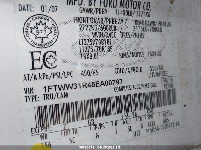 Продажа на аукционе авто 2008 Ford F350 Srw Super Duty, vin: 1FTWW31R48EA00797, номер лота: 30090571
