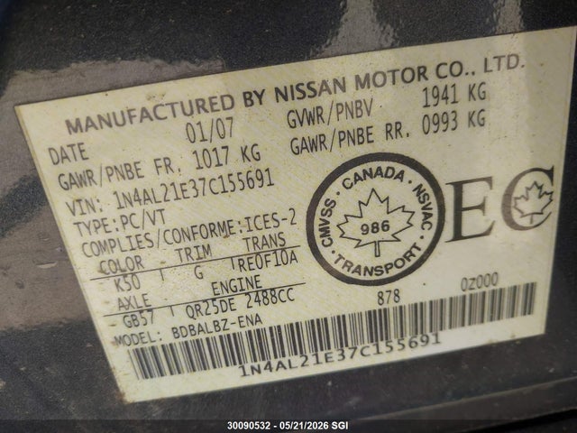 30090532 :رقم المزاد ، 1N4AL21E37C155691 vin ، 2007 Nissan Altima 2.5 S مزاد بيع