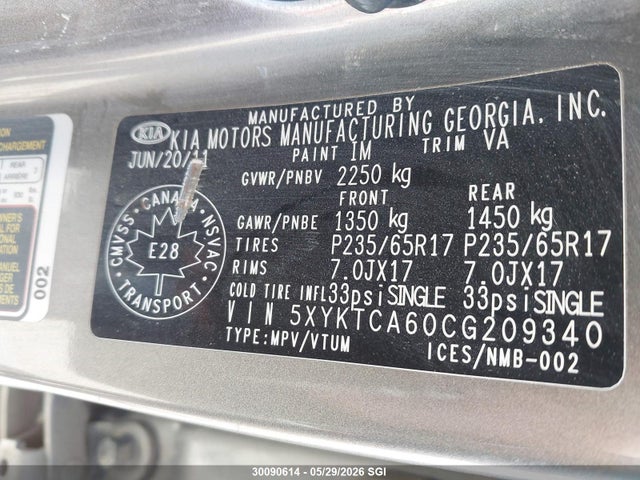 30090614 :رقم المزاد ، 5XYKTCA60CG209340 vin ، 2012 Kia Sorento Lx مزاد بيع