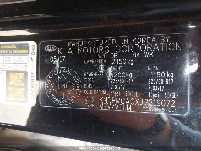 Aukcja sprzedaży 2018 Kia Sportage Lx, vin: KNDPMCACXJ7319072, numer aukcji: 30088603