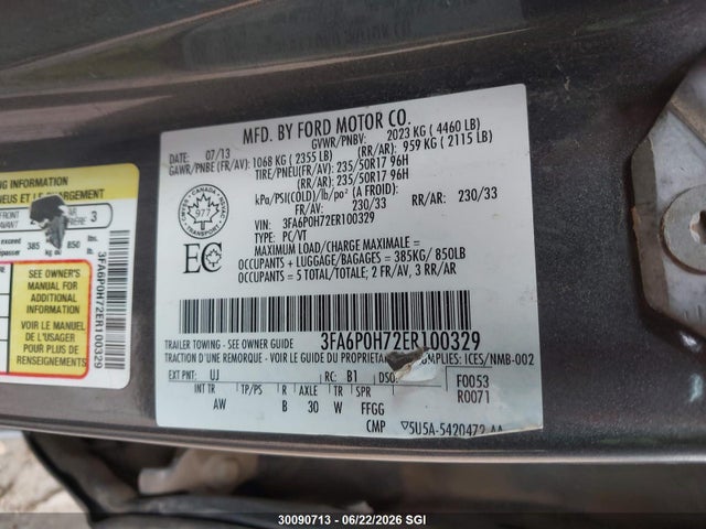 30090713 :رقم المزاد ، 3FA6P0H72ER100329 vin ، 2014 Ford Fusion Se مزاد بيع