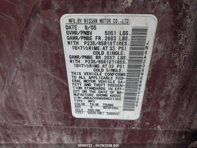 30090722 :رقم المزاد ، JN8AZ08W86W501389 vin ، 2006 Nissan Murano Sl/se/s مزاد بيع