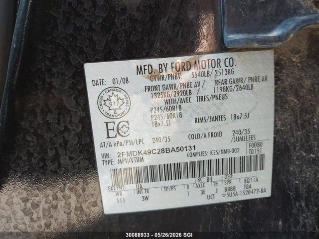 30088933 :رقم المزاد ، 2FMDK49C28BA50131 vin ، 2008 Ford Edge Limited مزاد بيع