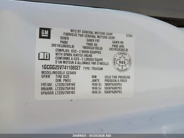 30089925 :رقم المزاد ، 1GCGG25V741108027 vin ، 2004 Chevrolet Express G2500 مزاد بيع