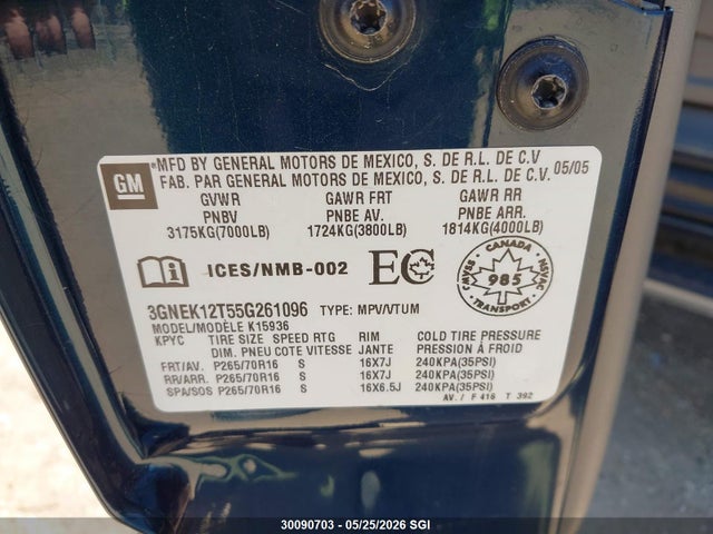 Aukcja sprzedaży 2005 Chevrolet Avalanche K1500, vin: 3GNEK12T55G261096, numer aukcji: 30090703