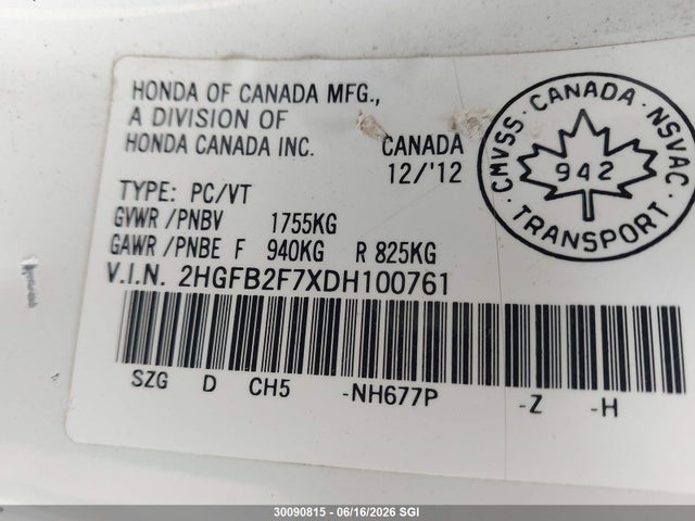 Продаж на аукціоні авто 2013 Honda Civic Touring, vin: 2HGFB2F7XDH100761, номер лоту: 30090815