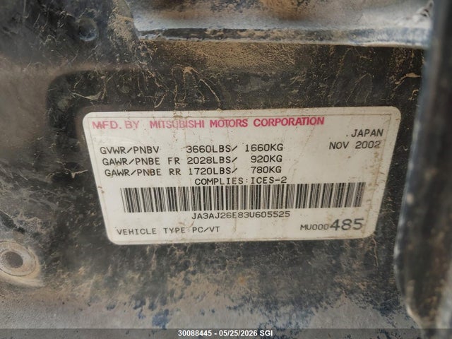 30088445 :رقم المزاد ، JA3AJ26E83U605525 vin ، 2003 Mitsubishi Lancer Es مزاد بيع