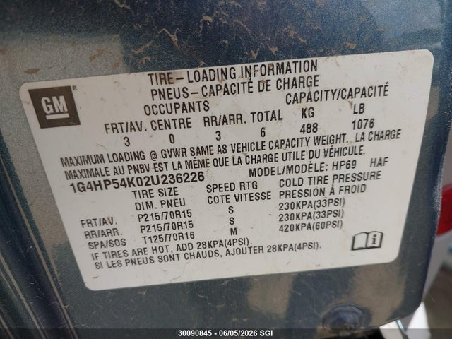 30090845 :رقم المزاد ، 1G4HP54K02U236226 vin ، 2002 Buick Lesabre Custom مزاد بيع