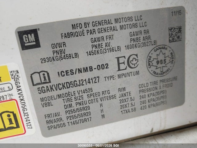 2016 Buick Enclave მანქანა იყიდება აუქციონზე, vin: 5GAKVCKD5GJ214127, აუქციონის ნომერი: 30090553