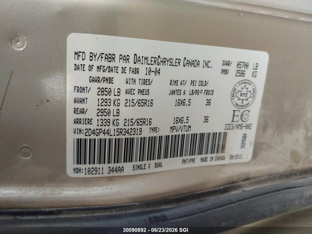 Продаж на аукціоні авто 2005 Dodge Grand Caravan Sxt, vin: 2D4GP44L15R342319, номер лоту: 30090892