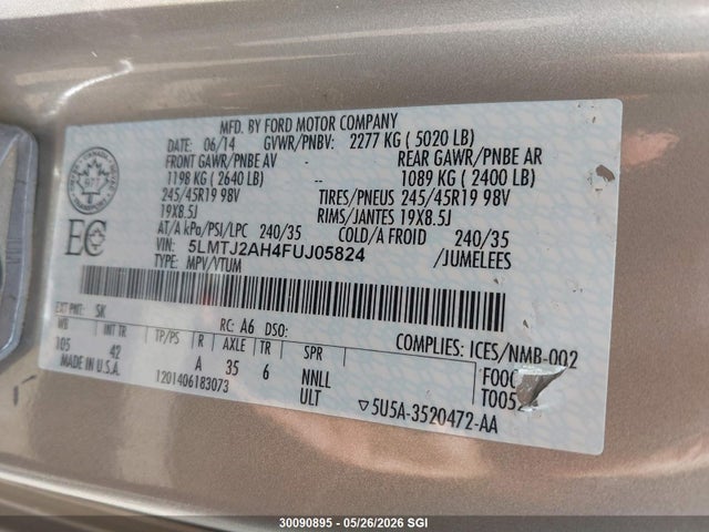 Продаж на аукціоні авто 2015 Lincoln Mkc, vin: 5LMTJ2AH4FUJ05824, номер лоту: 30090895