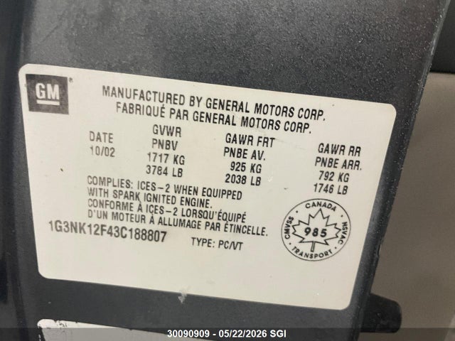 2003 Oldsmobile Alero Gx მანქანა იყიდება აუქციონზე, vin: 1G3NK12F43C188807, აუქციონის ნომერი: 30090909