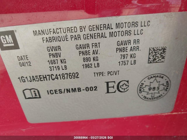 2012 Chevrolet Sonic Ls მანქანა იყიდება აუქციონზე, vin: 1G1JA5EH7C4187692, აუქციონის ნომერი: 30088964