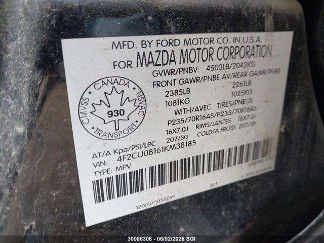 Aukcja sprzedaży 2001 Mazda Tribute Lx/es, vin: 4F2CU08161KM38185, numer aukcji: 30086308