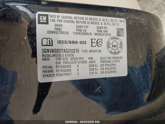 30088624 :رقم المزاد ، 3GNVKGE07AG232276 vin ، 2010 Chevrolet Avalanche Ltz مزاد بيع