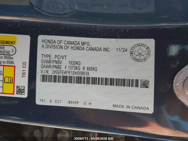Продажа на аукционе авто 2025 Honda Civic Sport/sport Touring, vin: 2HGFE4F81SH008639, номер лота: 30090773
